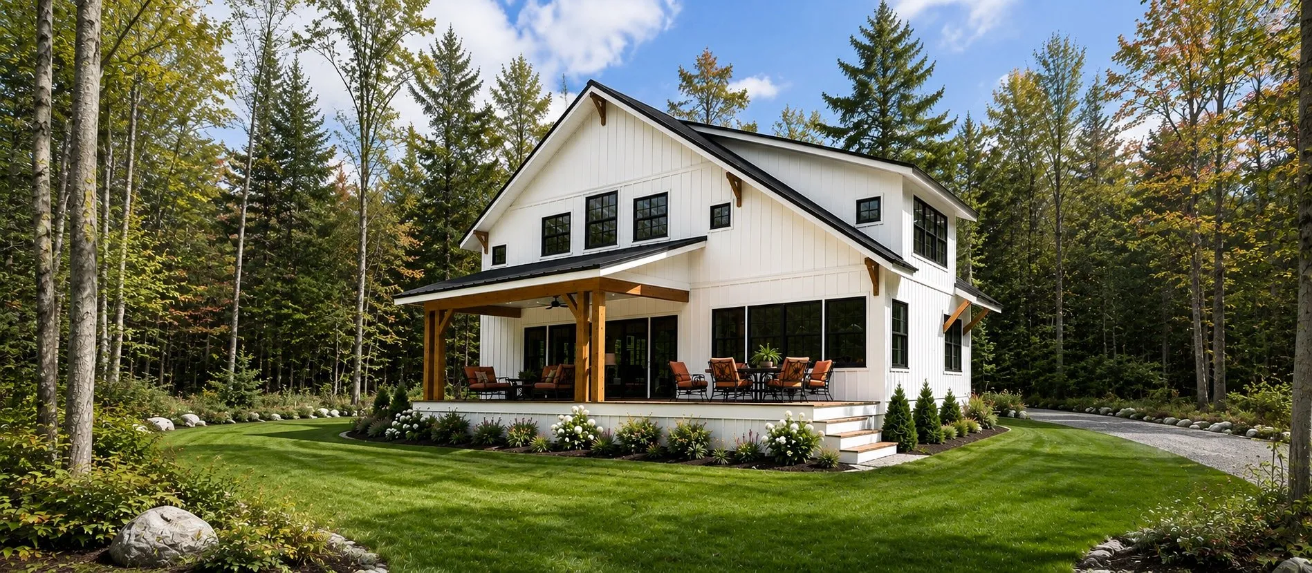 White farmhouse with black windows and a timber-framed covered patio