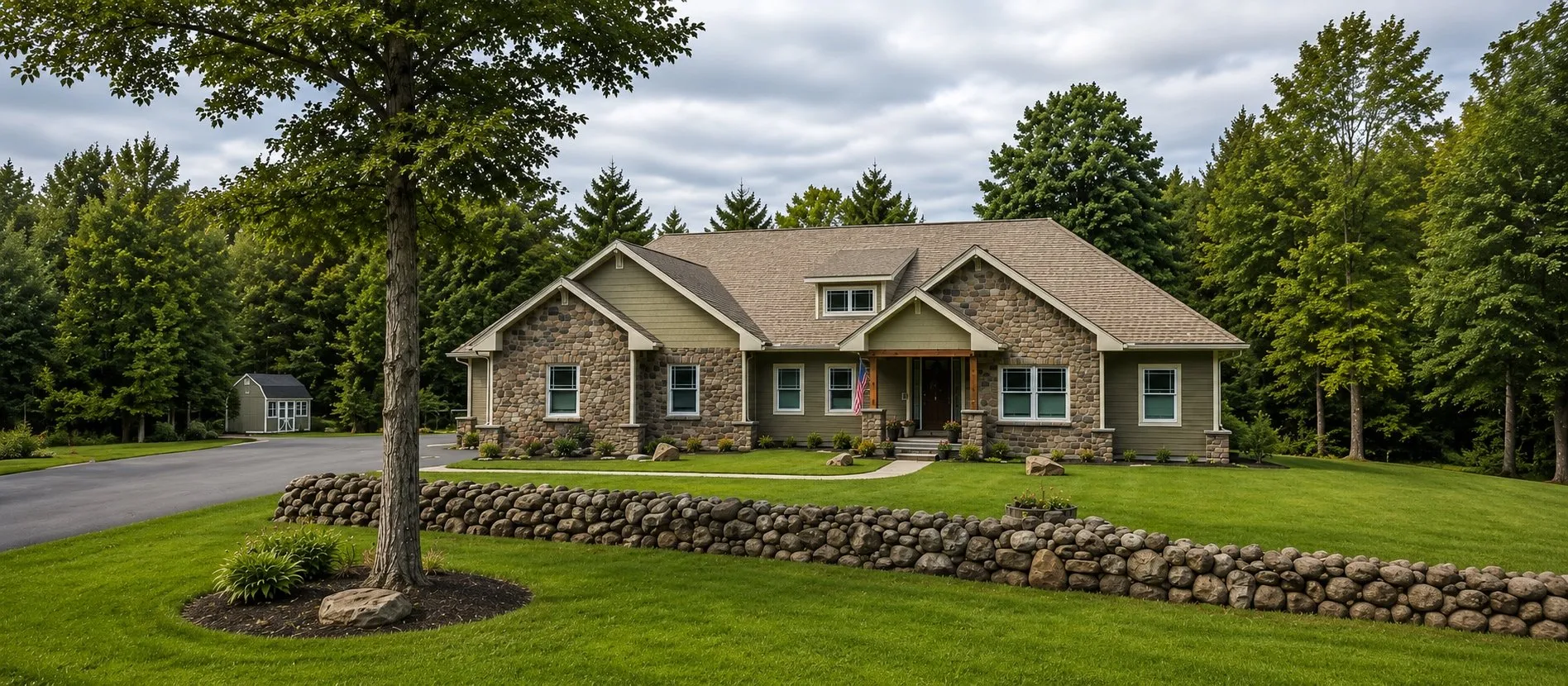 Stone and green-sided ranch home above a boulder wall