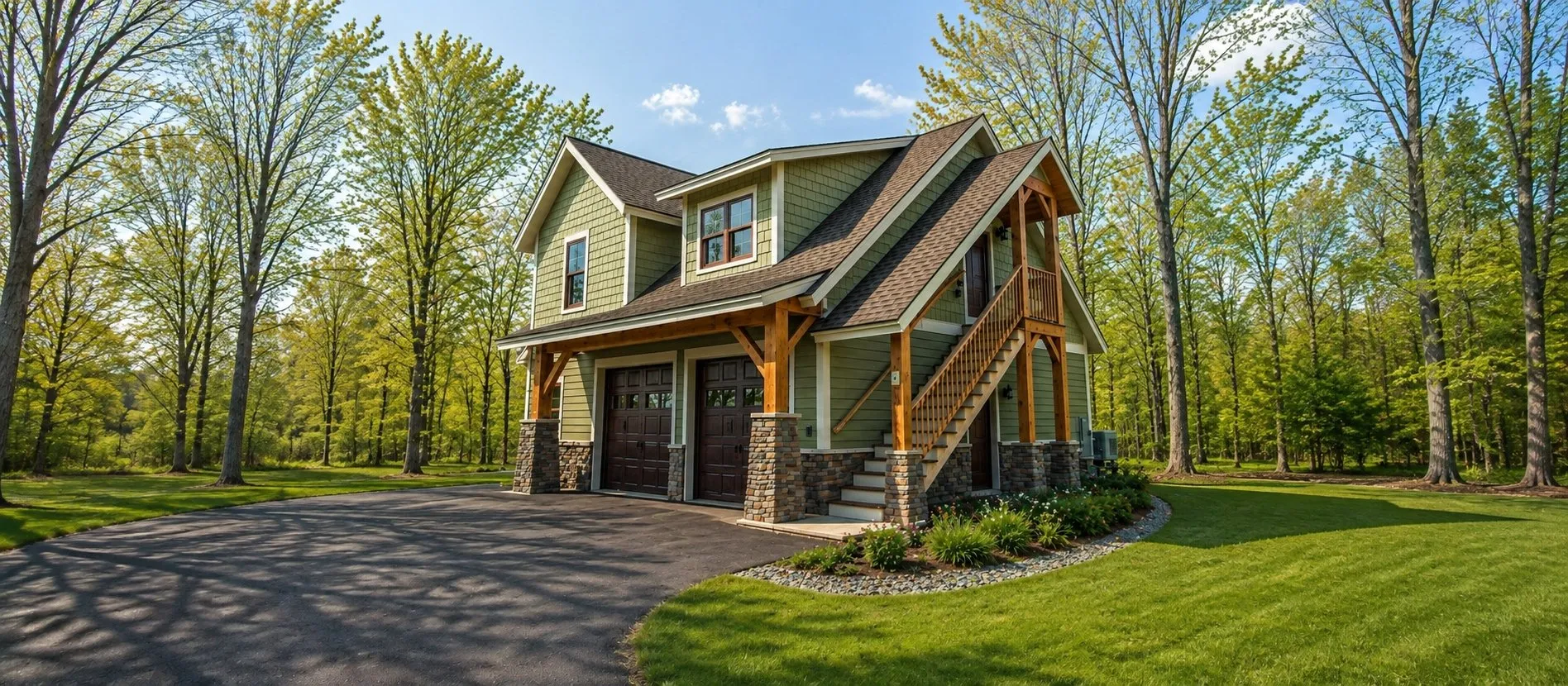Green garage with an in-law apartment above, reached by an outside timber stair
