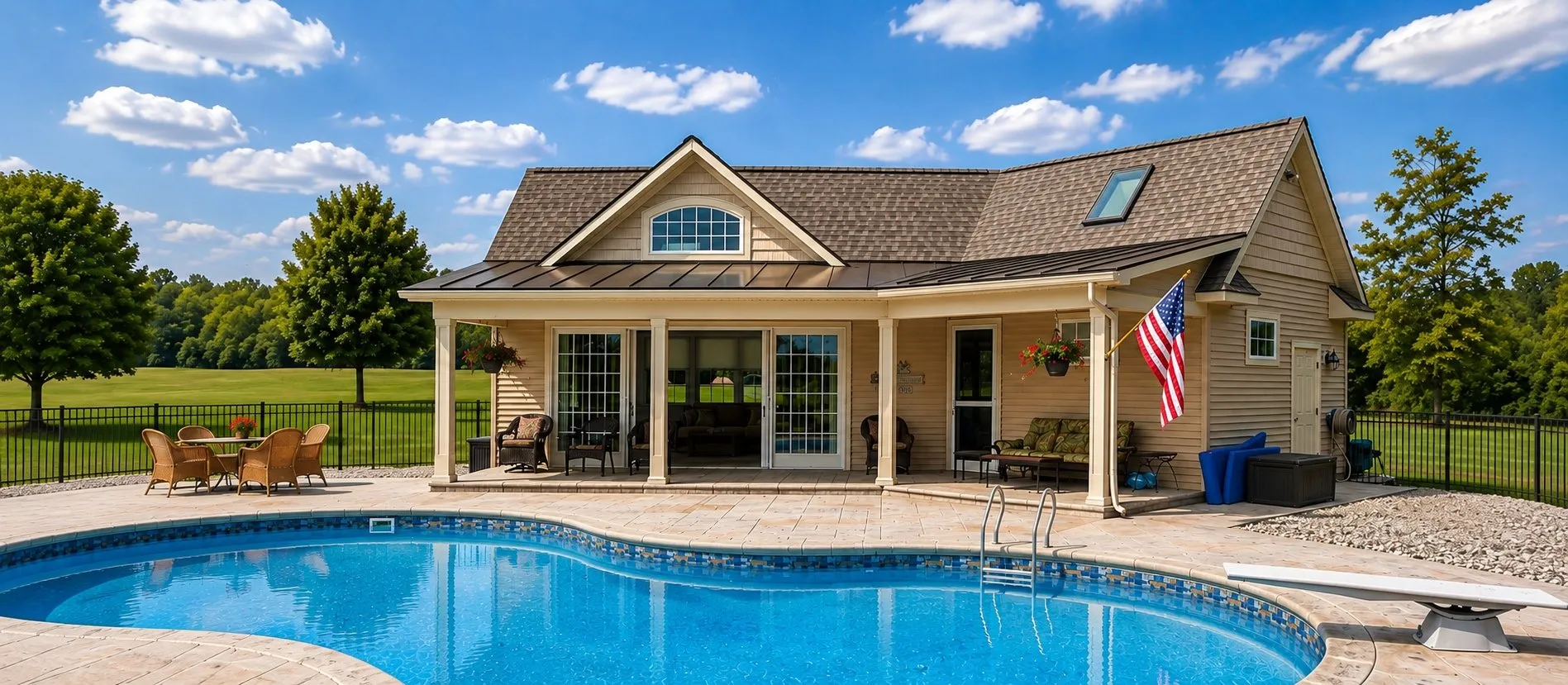 Pool house with a covered patio beside an in-ground pool