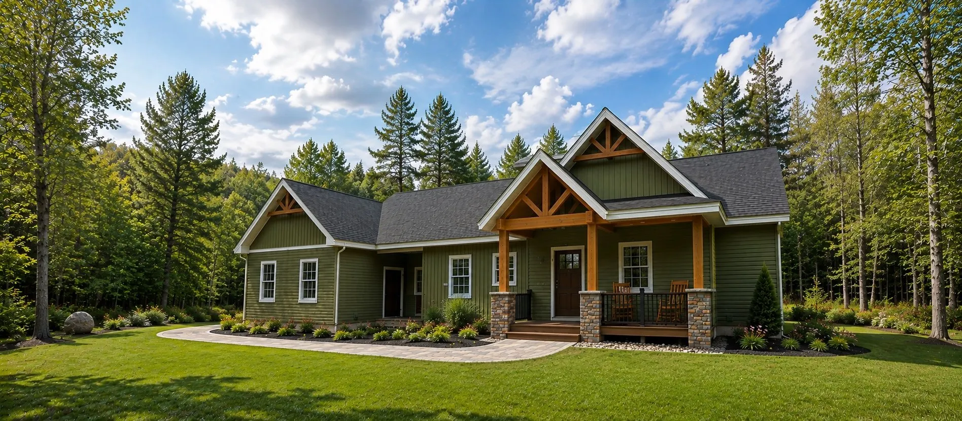Green-sided ranch home with a timber-framed entry porch