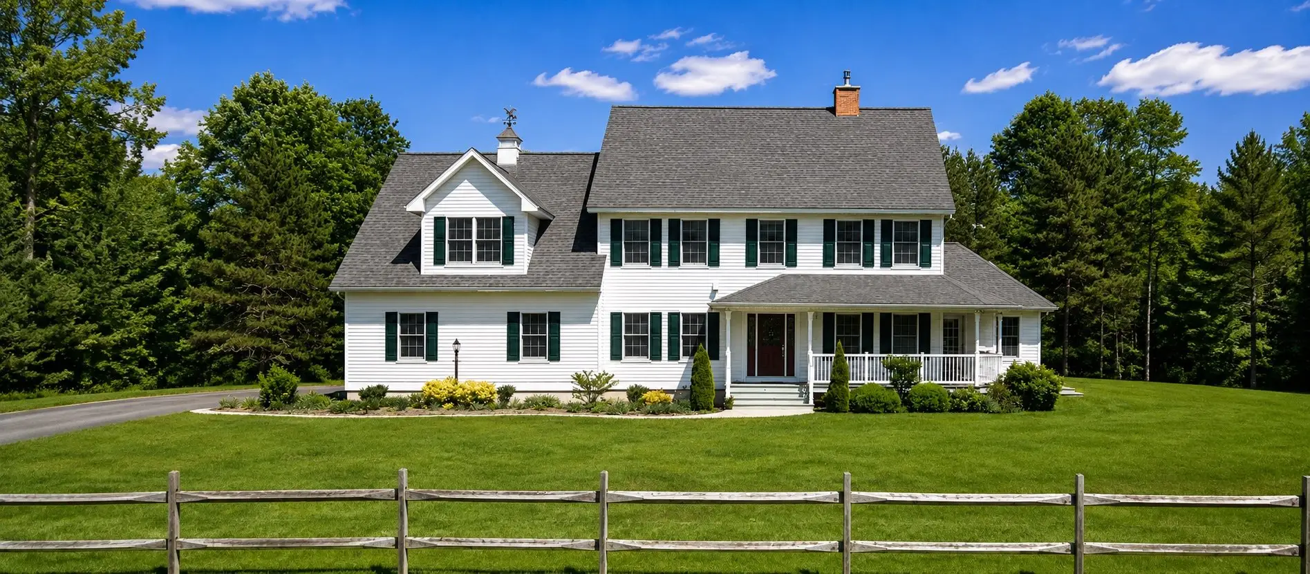 White Colonial with black shutters and a wraparound porch behind a split-rail fence