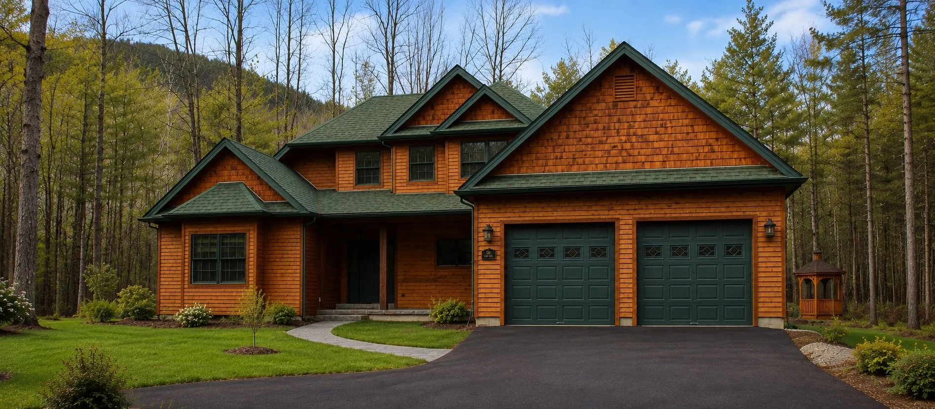 Cedar-shingled home with a green roof and a two-car garage in the woods