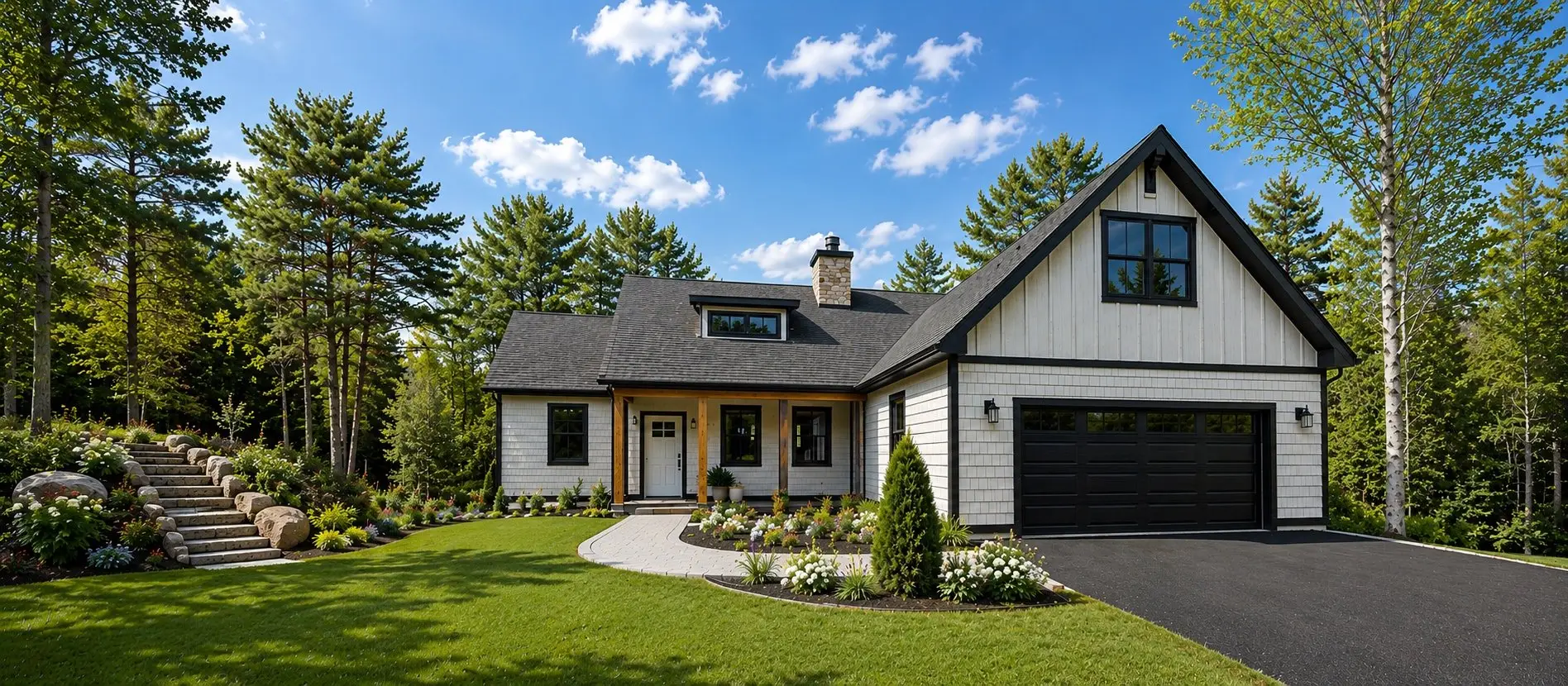 White home with a black two-car garage and stone steps up a landscaped slope