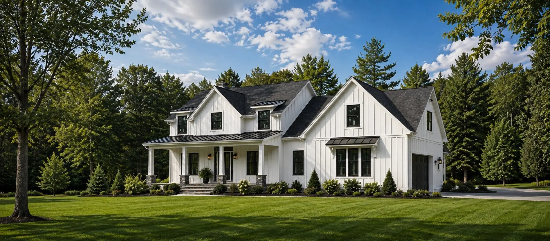 White board-and-batten farmhouse with a covered front porch