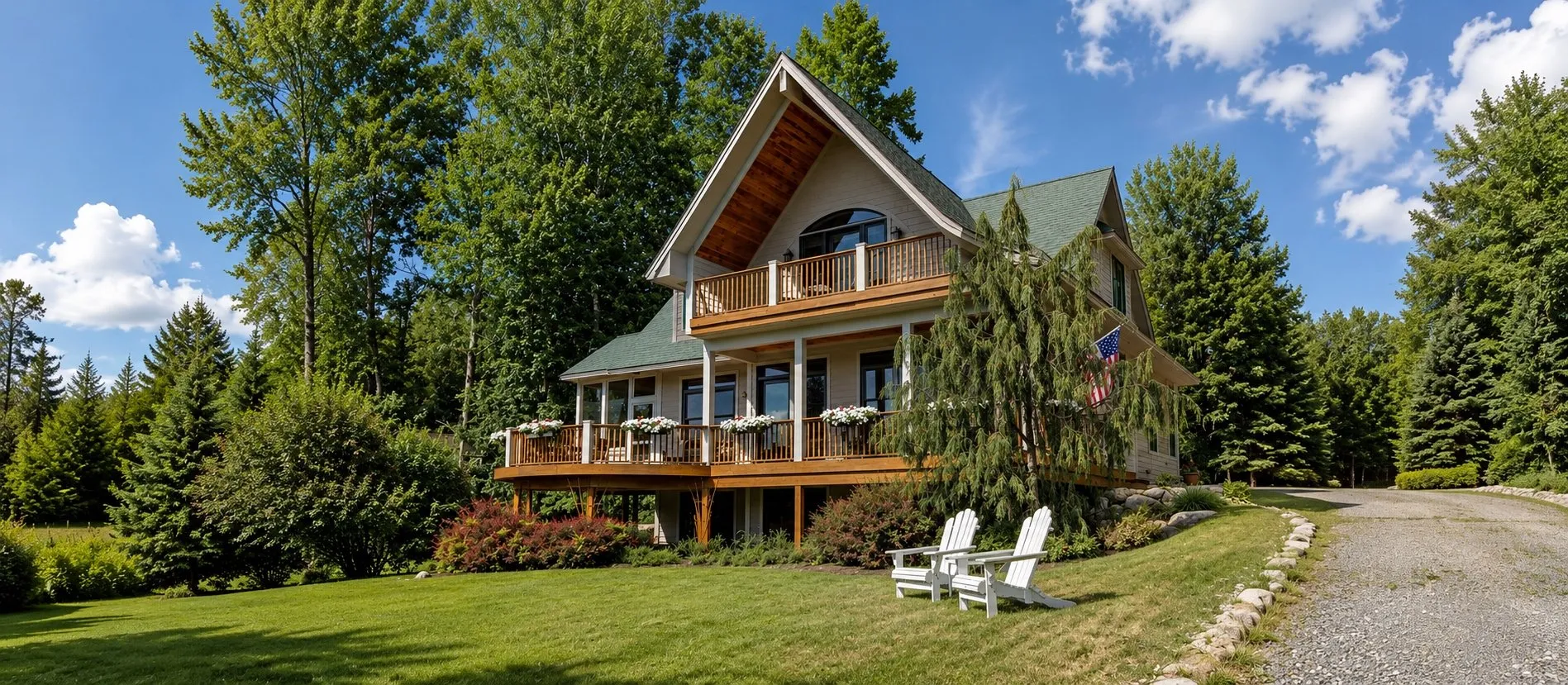 A-frame home with two levels of decks above a wooded lawn