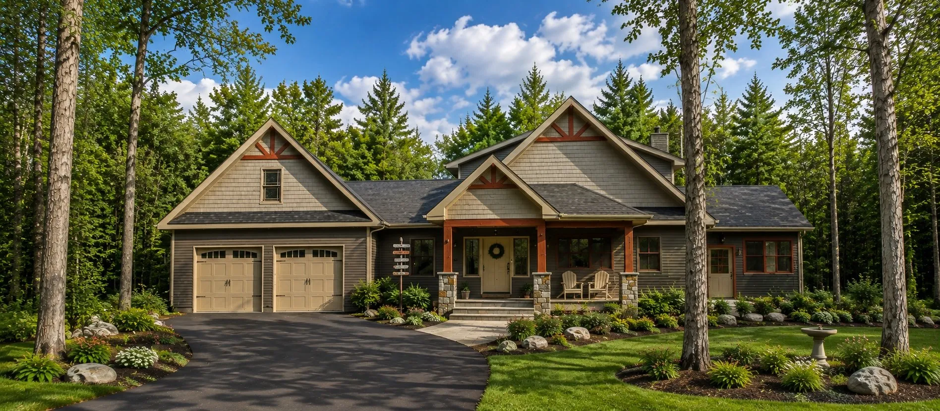 Tan-sided home with a timber-trimmed entry and a two-car garage among tall pines